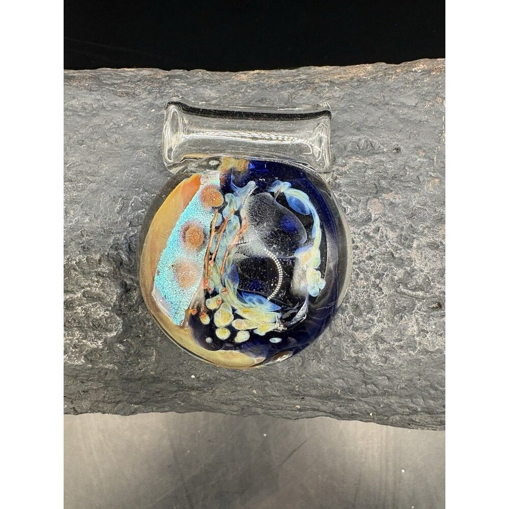 Handmade Blown Art Glass Lampwork Dichroic Bead Pendant Black Silver Copper 2”